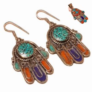 Ολοκληρωμένο σετ Κρεμαστό κατασκευασμένο από ασήμι .925 με τιρκουάζ, κόκκινο κοράλλι και λάπις λάζουλι σε αρχαίο στυλ σκουλαρίκια με τιρκουάζ, κόκκινο κοράλλι και λάπις λάζουλι, ασήμι 925