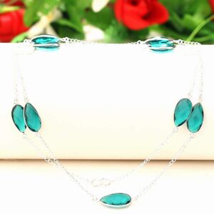 SILVER JEWELRY ROPE NECKLACE FACETED BLUE TOURMALINE 925 HANDMADE