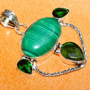 Silver Pendant  Malachite   Faceted Chrome Diopside .925  Size 5.50 CM 