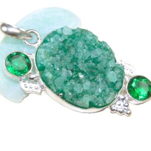 Silver Pendant  Amazing Green Druzy  Apatite. 925 silver 