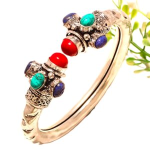 SILVER BRACELET CUFF LAPIS LAZULI,SANTA ROSA TURQUOISE,RED CORAL VINTAGE STYLE 925 STERLING SILVER 
