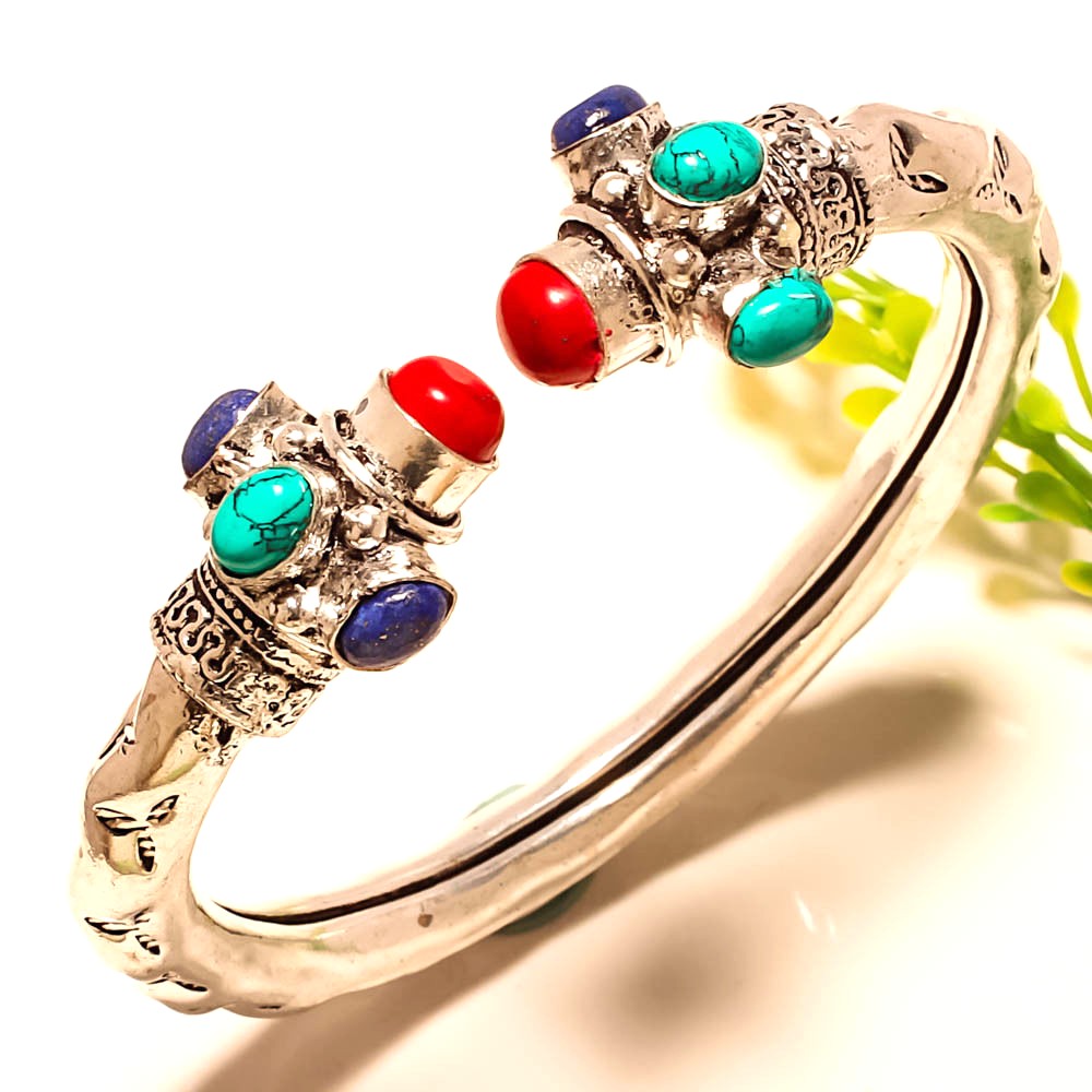 SILVER BRACELET CUFF LAPIS LAZULI,SANTA ROSA TURQUOISE,RED CORAL VINTAGE STYLE 925 STERLING SILVER - Image 2