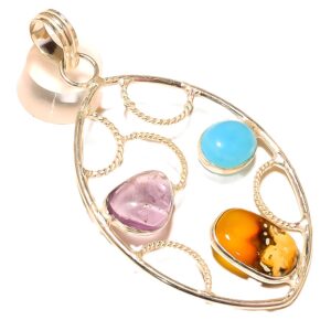 STERLING SILVER 8 GM PENDANT PLUM AGATE+AMETHYST QUARTZ GEMSTONE 925