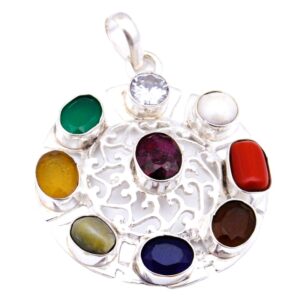 PENDANT  RED CORAL WITH NAV RATNA GEMSTONE 925 STERLING SILVER  7chakra