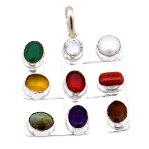 PENDANT  RED CORAL WITH NAV RATNA GEMSTONE 925 STERLING SILVER  7chakra