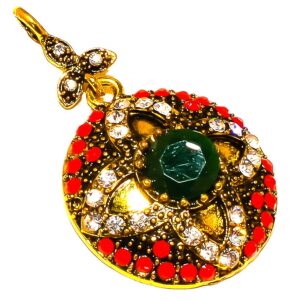 PENDANT TURKISH STYLE DYED EMERALD+RUBY GEMSTONE BRASS METAL