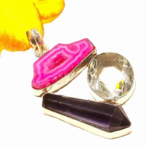 STERLING SILVER PENDANT WHITE TOPAZ SLICE AGATE DRUZY & AMETHYST 925 